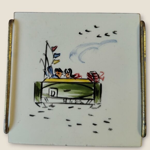 Vintage Miniature Hand Painted Ceramic Coasters Set Of 2 With Vintage Car Desig - Picture 2 of 11